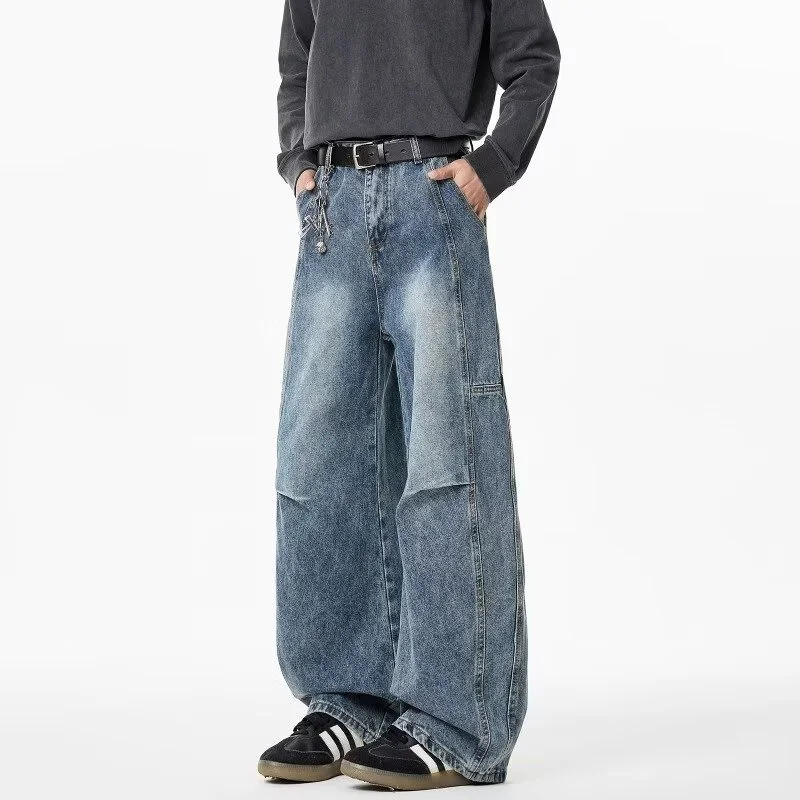 

2025 New Hip Hop Fashion Spliced Baggy Jeans For Men Pleated Design Casual Straight-Leg Denim Pants Y2K Vintage Streetwear jean