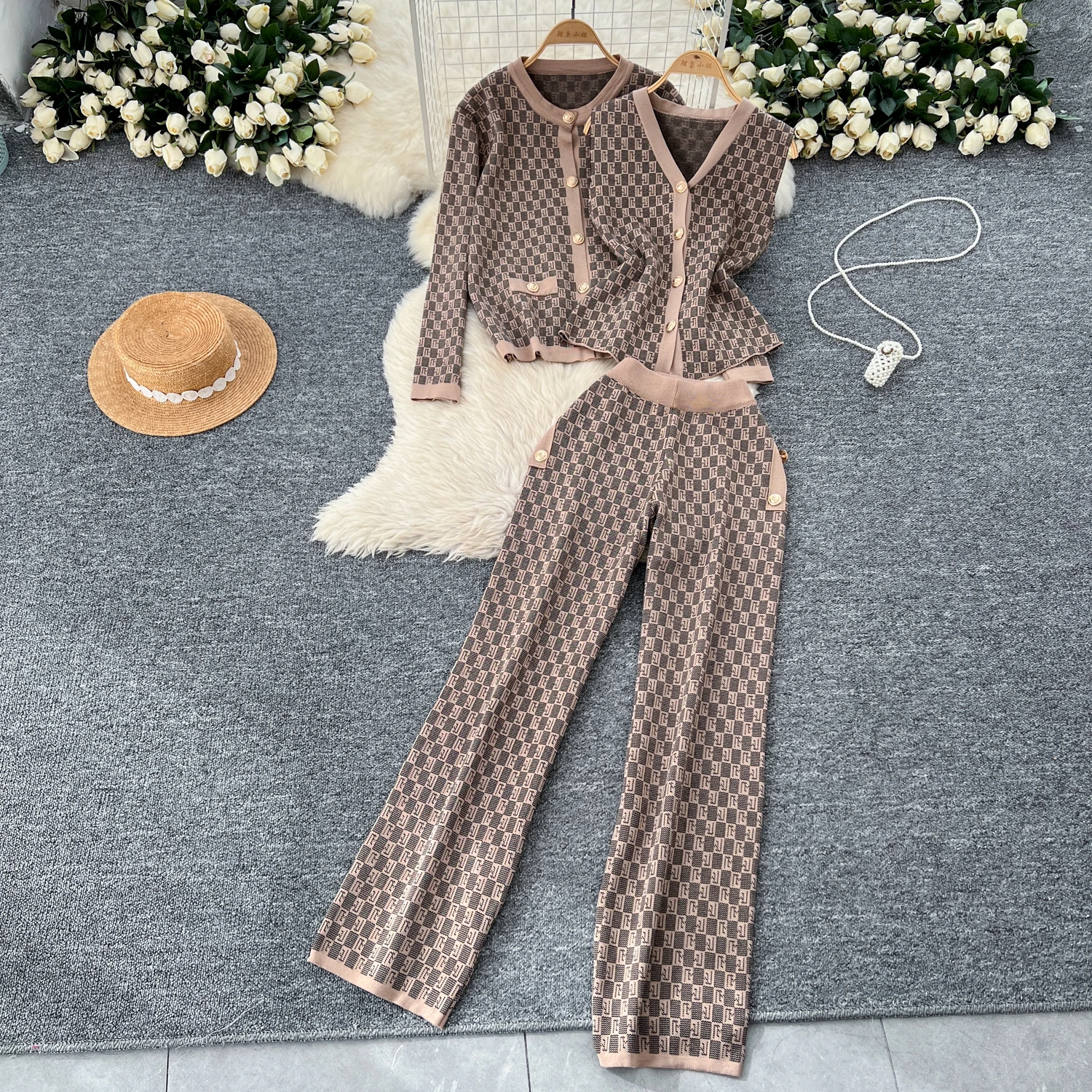 2024 Autumn Elegant Slim Three Pieces Sets Women Cardigan Jacket V-Neck Sweater High Waist Wide Leg Pants Knitted Sets J519