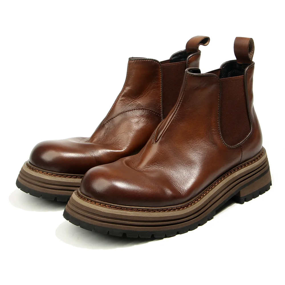 Men's Vintage Genuine Leather Chelsea Boots British High-Top Work Ankle Boots Chunky Height-Increasing Distressed Slip-On Shoes