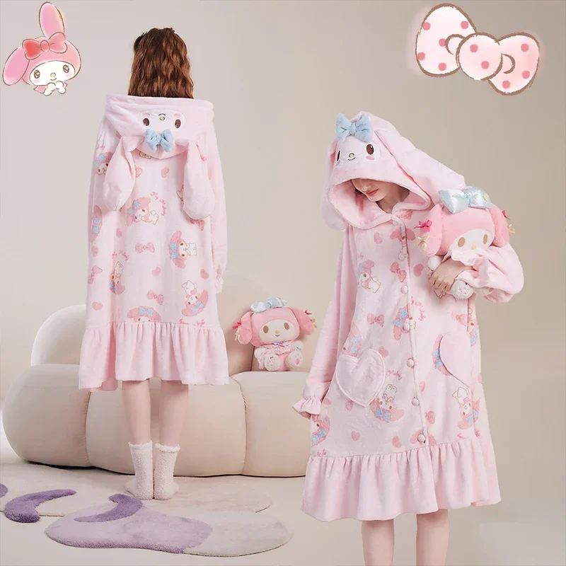 My Melody Kawaii Women Plush Pajamas Robe Set Sanrioed Anime Homewear Cartoon Winter Long Style Thickened Nightgown Pants Sweet