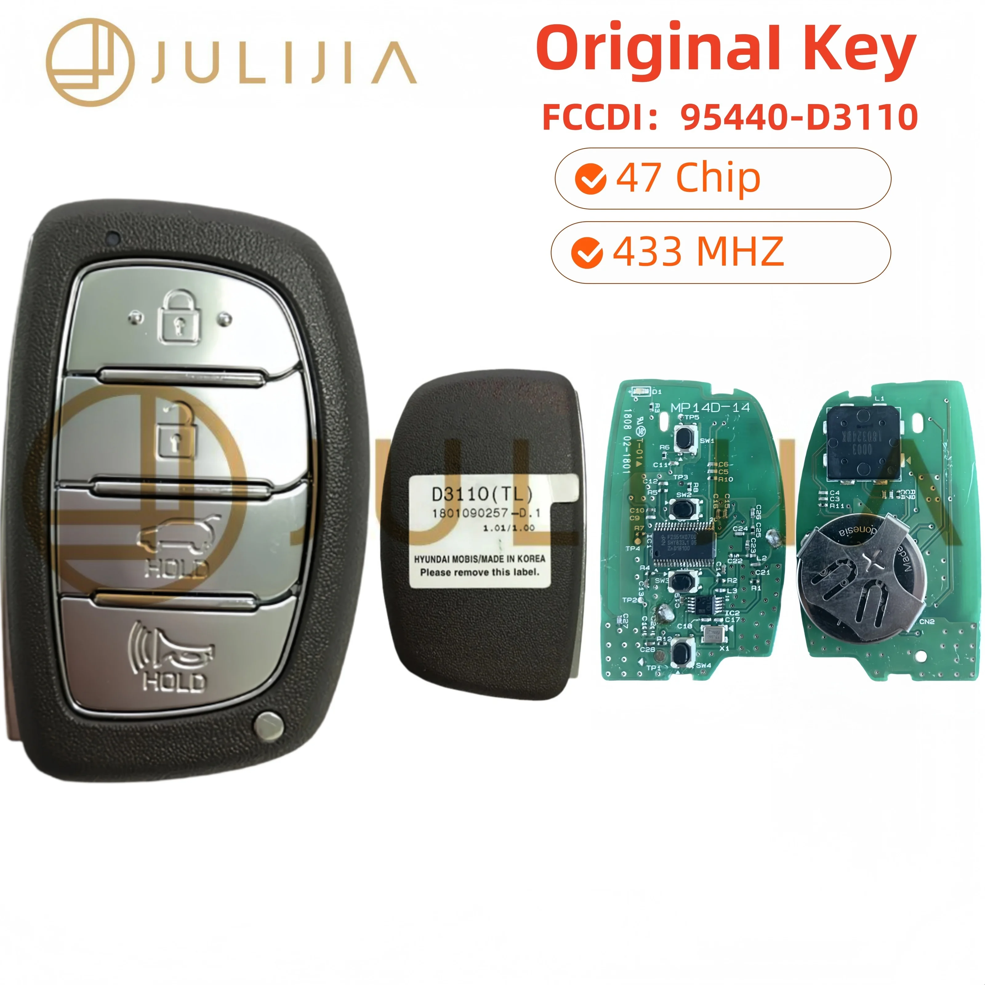 

Оригинальный JULIJIA 95440-D3110 для Hyundai Tucson 2020 2019 2018 2017 2016 ID47 чип 433 МГц чип умный пульт дистанционного управления