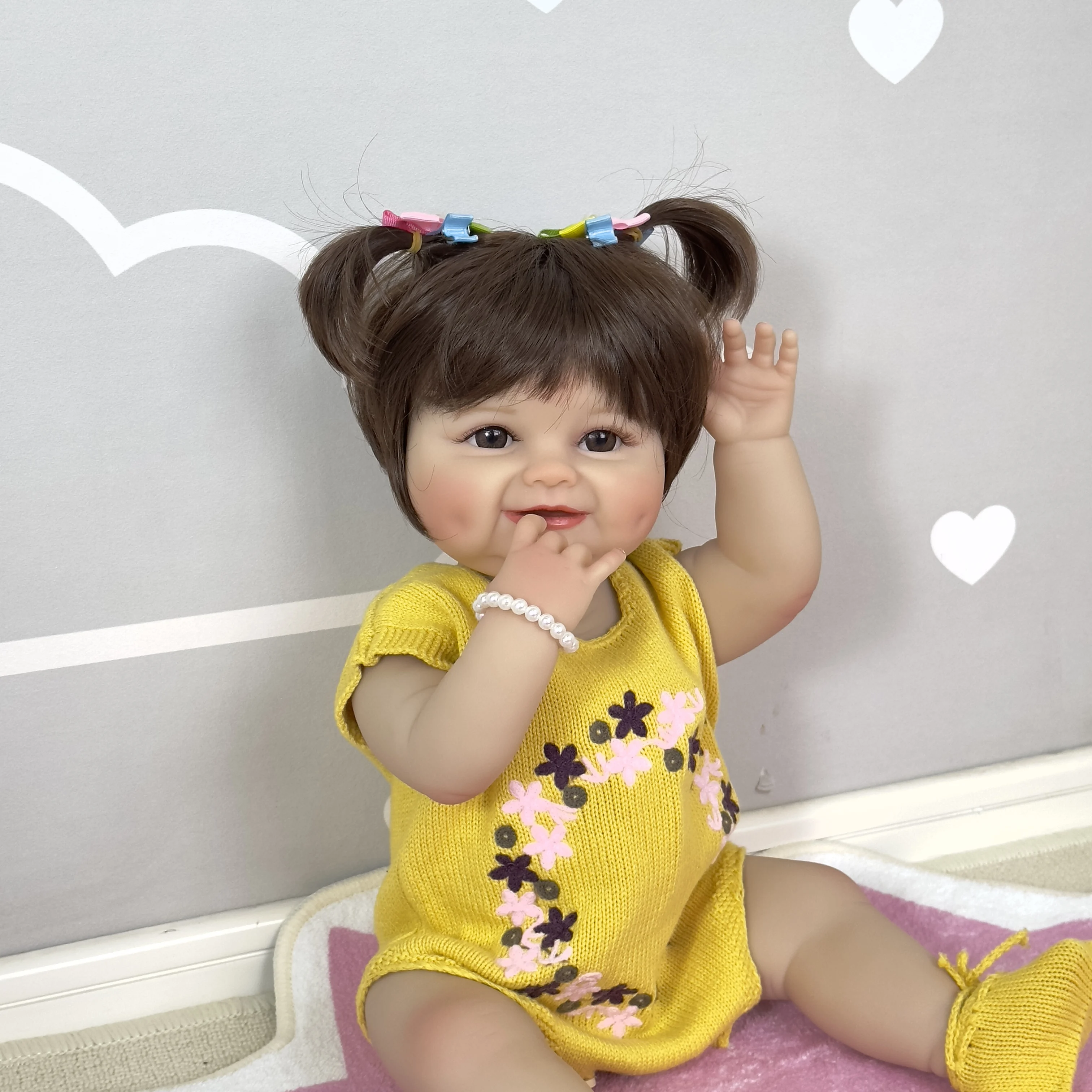 SINO-BB 21inch 55CM Reborn Toddler Smiling Baby Happy Girl Doll Full Body Soft Silicone Lifelike Touch High Quality Doll Gifts