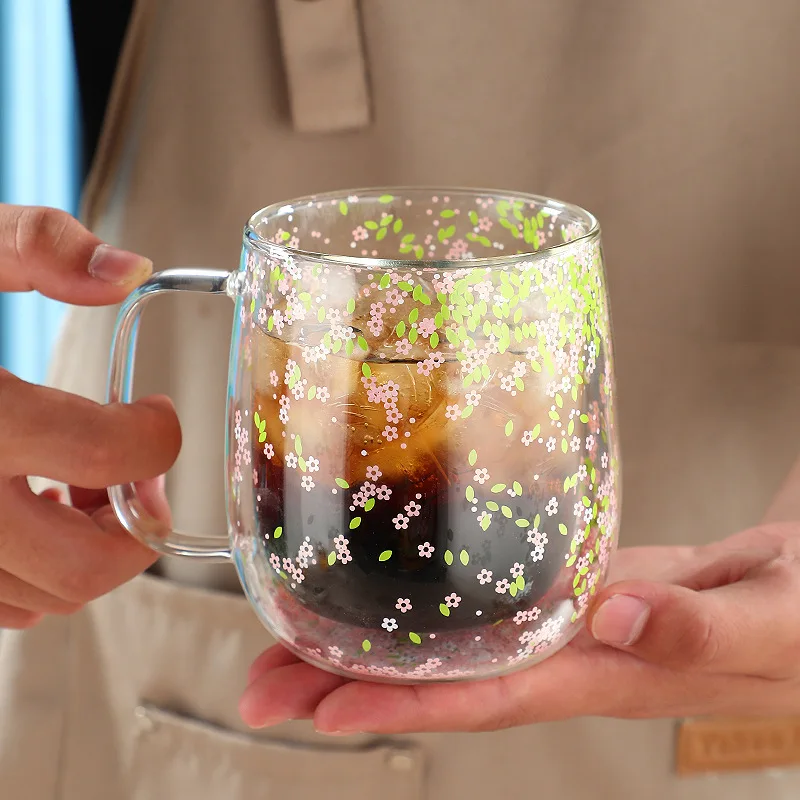 Double Wall Glass Cup with Pink Purple Blue Floral Glitters Lovely Heat Insulation Coffee Milk Shake Juice Glass Tumbler 1 Piece