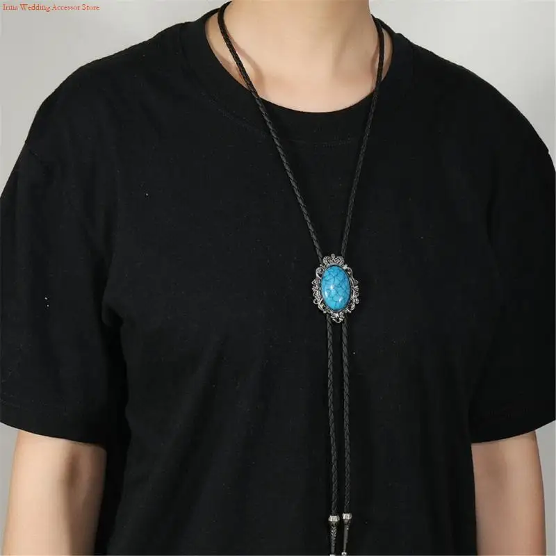 G92D Elegant Crack Turquoises Western Bolo Tie Adjustable Leather Necktie for Cowboy