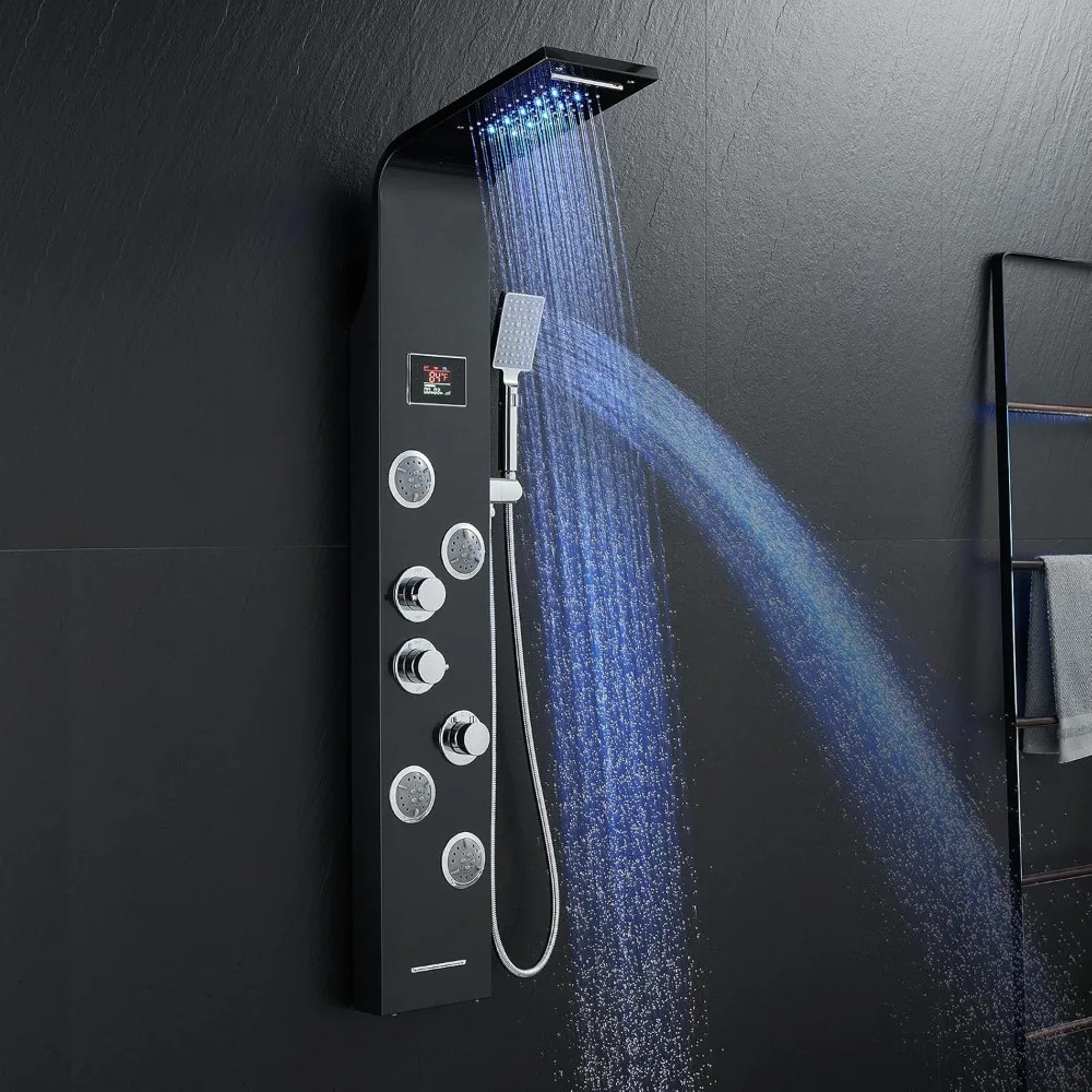 ROVATE 6-in-1 LED Rainfall Waterfall Shower Panel Tower System with 2-Mode Powerful Body Jets, Multi-function Stainless Steel