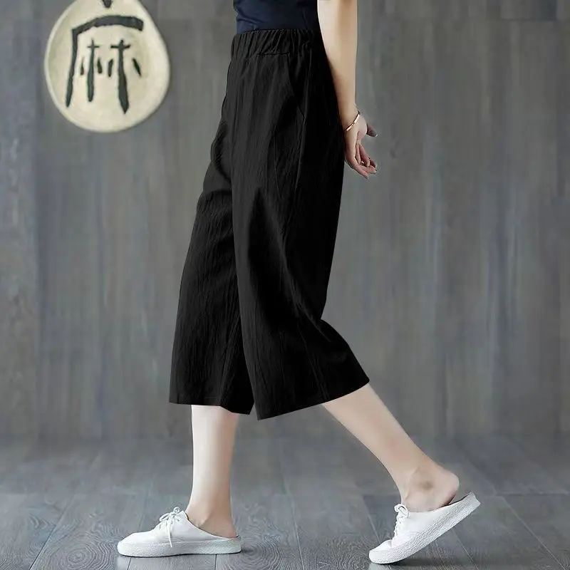 

Street Casual Thin Loose Wide Leg Pants Summer New Elastic Waist Solid All-match Straight Pants Vintage Fashion Women Clothing