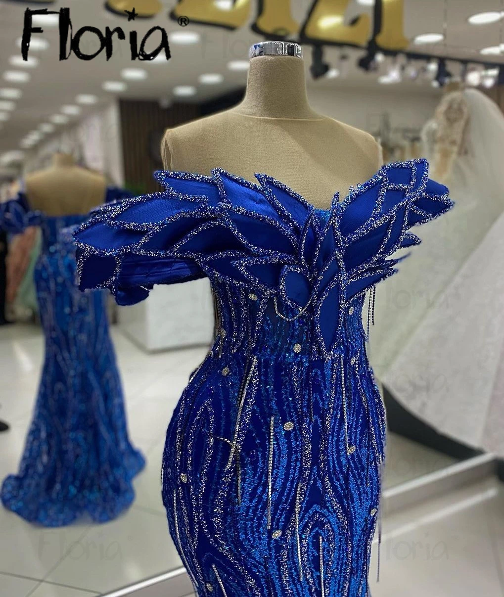 Floria-Robe de Soirée Sirène Bleu Royal à Paillettes avec Perles, Vêtement Éducatif à Col Bateau pour Cocktail d'Anniversaire