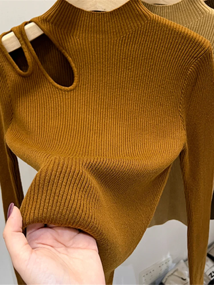 Jesienno-zimowe seksowne damskie swetry z wycięciami w stylu Vintage Slim sweter miękki ciepły sweter damski luźny pulower z dzianiny