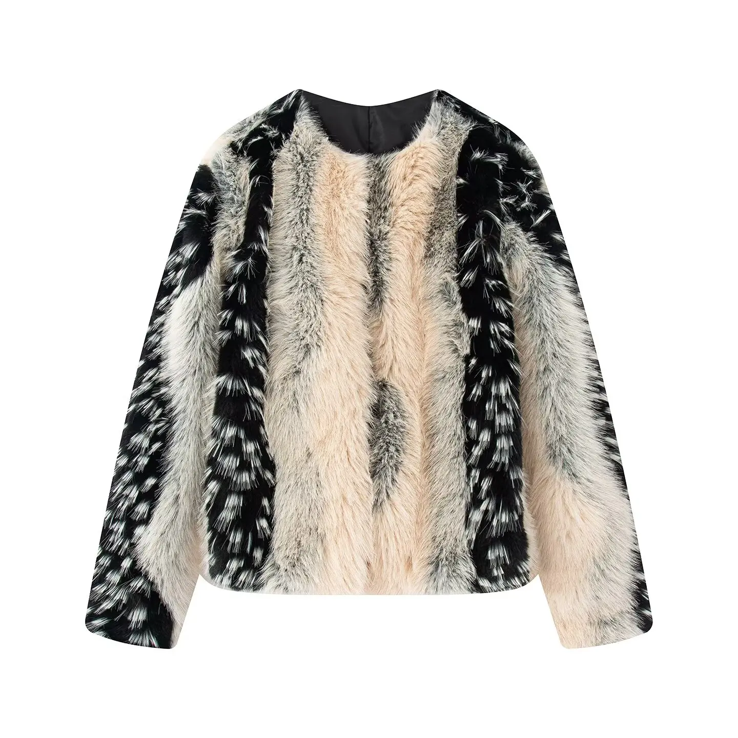 Women's Jacket 2026 Autumn Winter New Color Block Long Sleeve Faux Fur Elegant Fashion Warm Coat