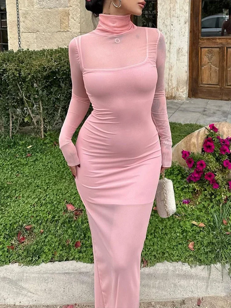 Sexy Mesh-Maxikleid für Damen, 2-teilig, solide Herbst, lange Ärmel, schlankes Rollkragenkleid, schiere Mode, Club, elegante Partykleider