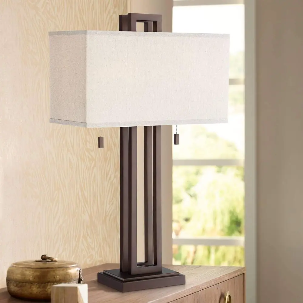 

Possini Euro Design Gossard ern Industrial Table Lamp 30" Tall Bronze Brown Open Metal O White Recular Box Shade or Bedroom Livi