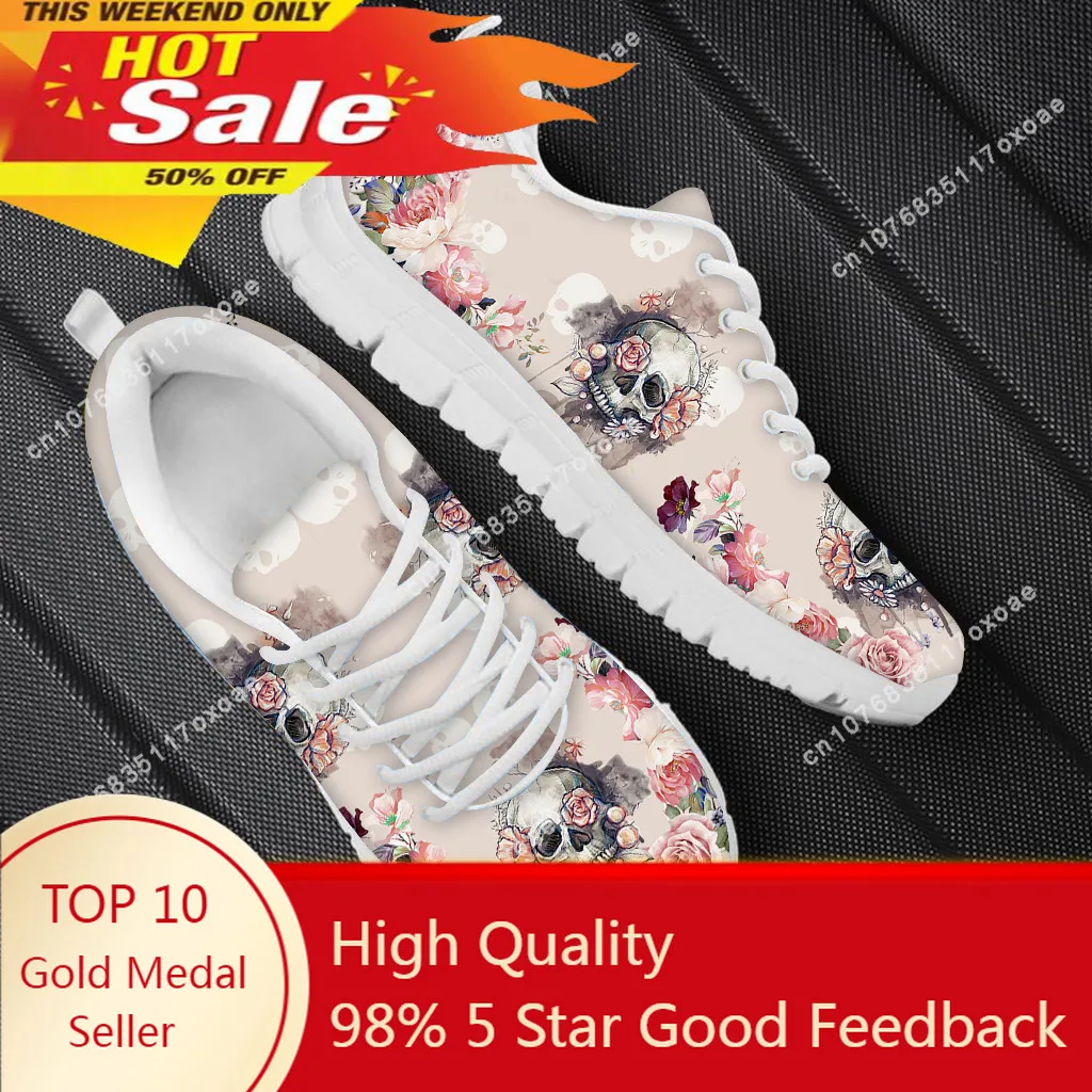 Spring Leisure Sneakers for Ladies Sugar Skull Pattern Gothic Flats Lace Up Shoes Comfort Air Mesh Footwear Zapatos