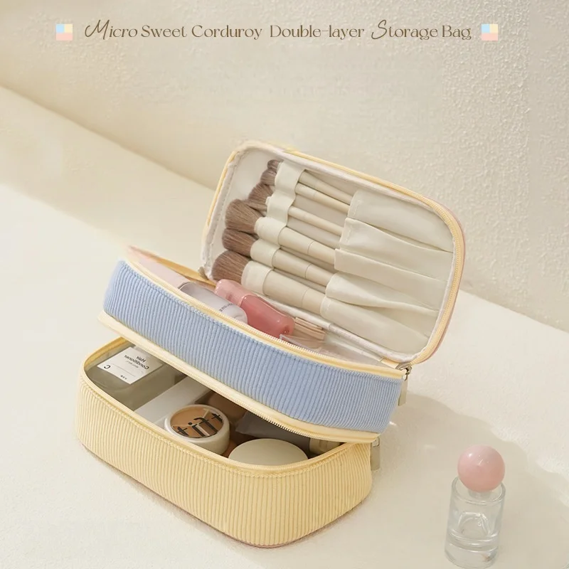 New Flannel Double-Layer Makeup Bag Travel Portable Large Capacity Storage Bag PU Multi-Functional Cosmetic Organizer