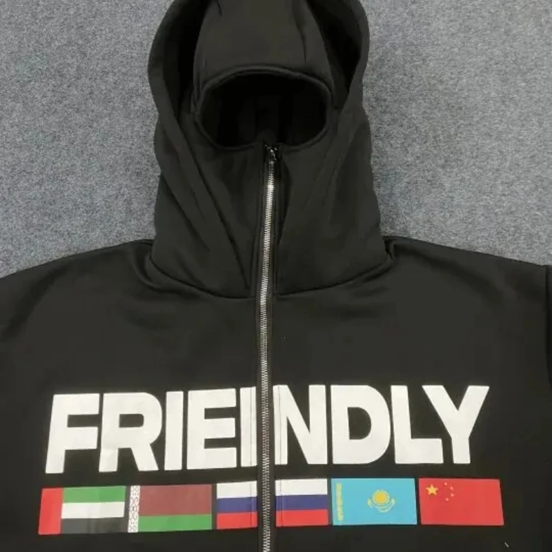 겨울 유럽 및 미국 레터 플래그 프린트 캐주얼 후드티 Y2K 스트리트웨어 패셔너블 남녀 공용 더블 햇 마스크 후드티