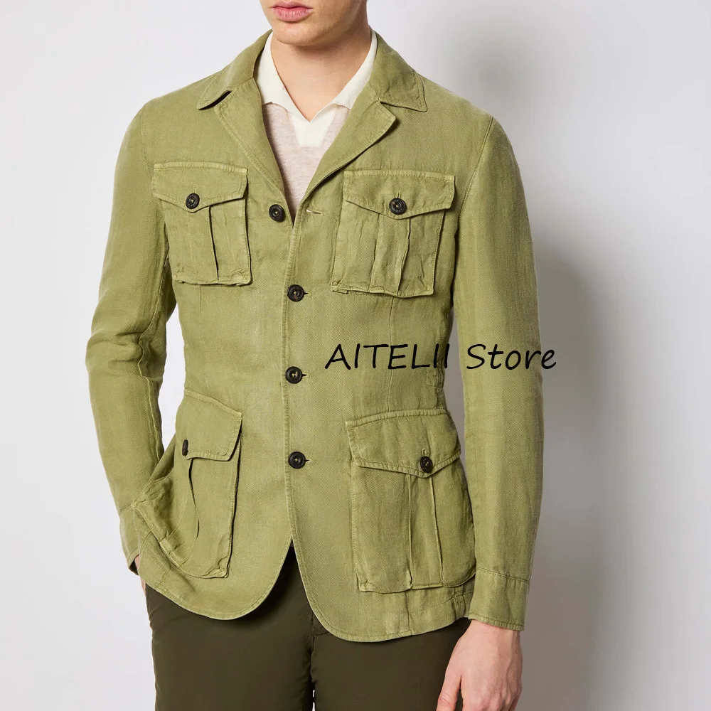 

Куртки для костюма с зубчатыми лацканами, мужское классическое пальто из льна с четырьмя карманами на пуговицах, повседневное однобортное мужское модное пальто, официальное