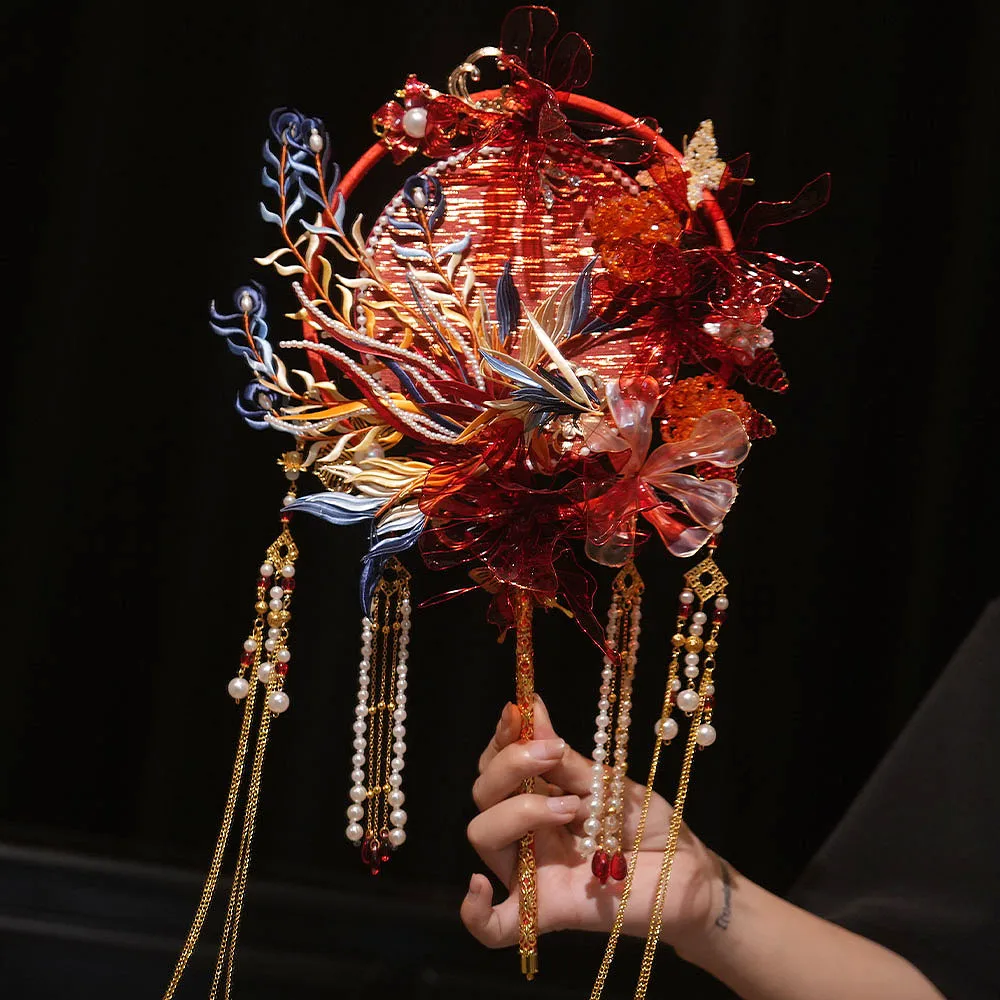 Bride group fan wedding wedding intangible cultural heritage wrapped flowers happy fan Chinese bouquet finished double-sided