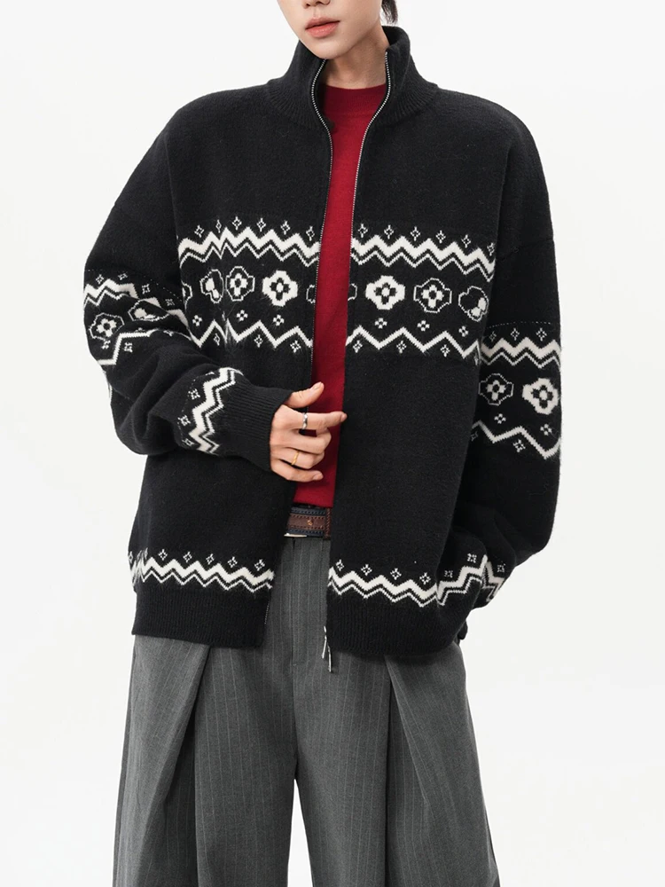 Vintage Pattern Knitted Cardigan Mens 2026 Autumn Fashionable Stand Collar Zipper Long Sleeve Tops Daily Outdoor Jackets Male