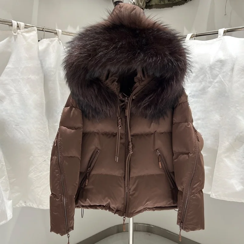 2026 Autumn Winter New Style Natural Raccoon Fur Collar Hooded Down Jacket Female Loose Leisure Keep Warm White Duck Down Coat