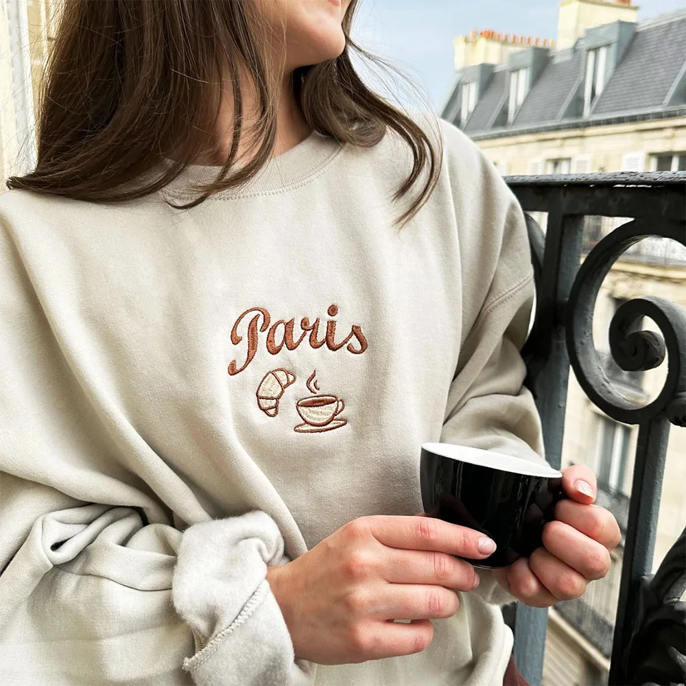 Embroidered Paris France Sweatshirts Women Khaki Vintage Loose Thick Fleece Warm Pullover Long Sleeve Crewneck Casual Jumpers