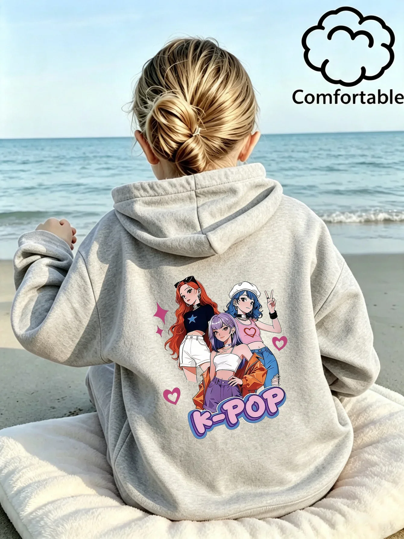 Cute K-Pop Anime Graphic Hoodies for Teen Girls Grey Printed Sweatshirt Korean Fashion Idol Birthday Present School Hooded Tops