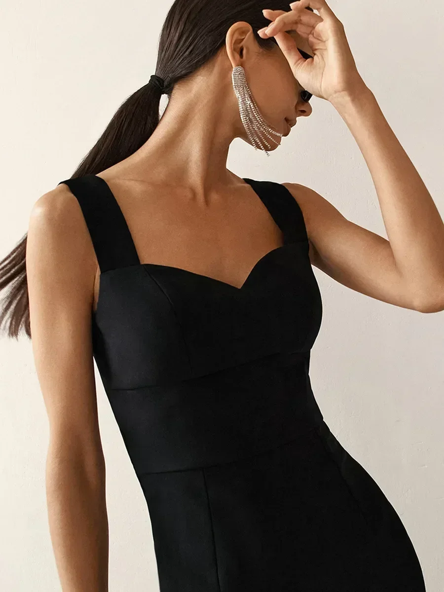 Sexy Black Split Evening Strap Dress Women Sleeveless Slim Bodycon Midi Dress Summer 2024 Ladies Solid Party Dresses