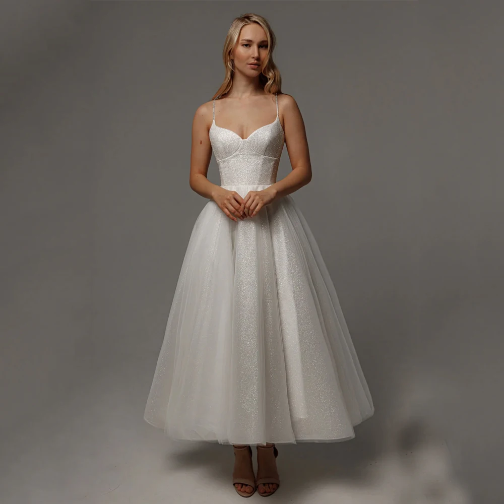 

A-Line Sparkling Wedding Dress Spaghetti Straps V-Neck Glitter Tulle Midi Bride Gowns Customized Corset Simple Robe De Mariée