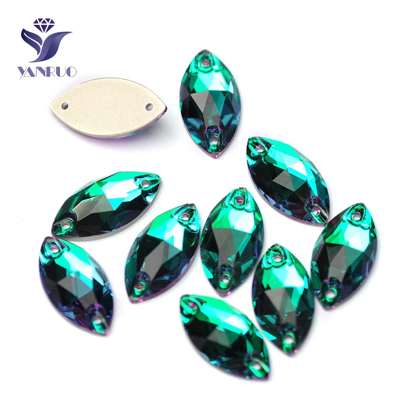 YANRUO 3223 All Sizes Emerald Flatback Strass Glass Stones Navette Crystal Sew On Rhinestone Applique For Garments