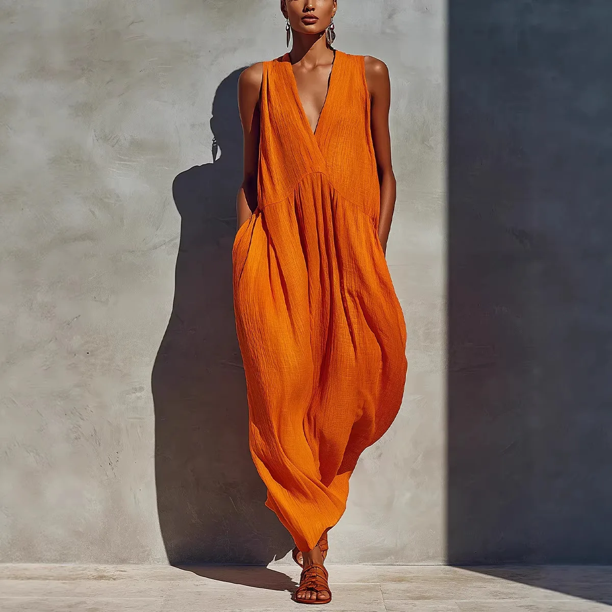 

Новое летнее повседневное платье 2026 года с V-образным вырезом без рукавов, свободное, длинное, однотонное, в отпускном стиле, женская одежда для города