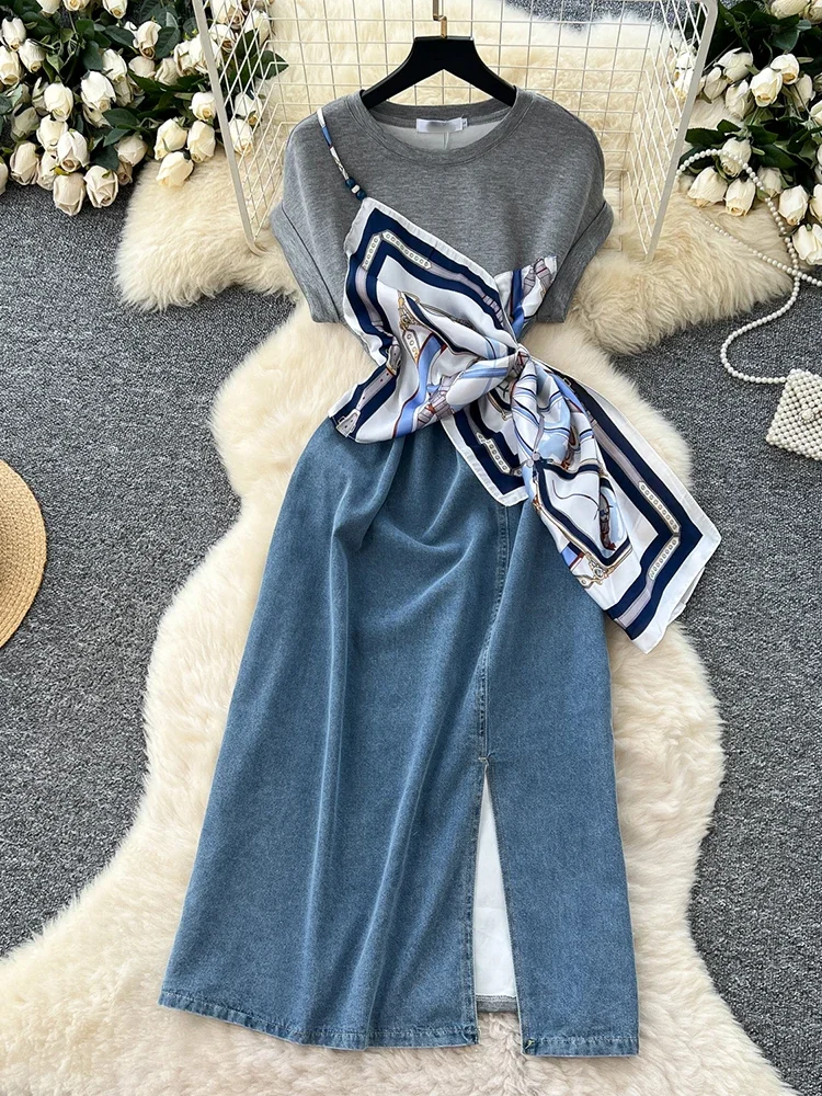 슬림하고 우아한 통기성 좋은 중간 길이 여성복 프랑스 소수민족 패치워크 레이스업 로브 데님 독특하고 개성 있는 캐주얼 드레스
