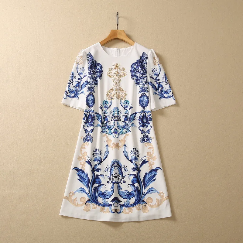 Fashion Designer Summer Women's Dresses O-Neck Collar Embroidery Print Office Lady POLYESTER Empire A-LINE Dress Trending