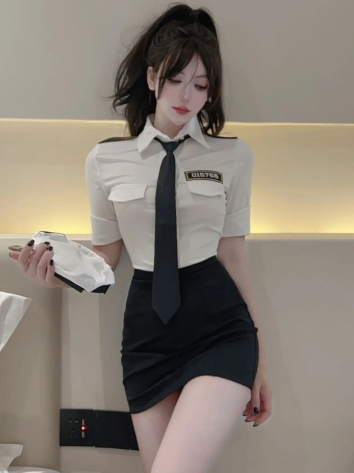 Stewardess Jk Uniform Set Female Online Red Anchor Business Wear Tie Shirt + Hip Skirt Nightclub Club Overalls