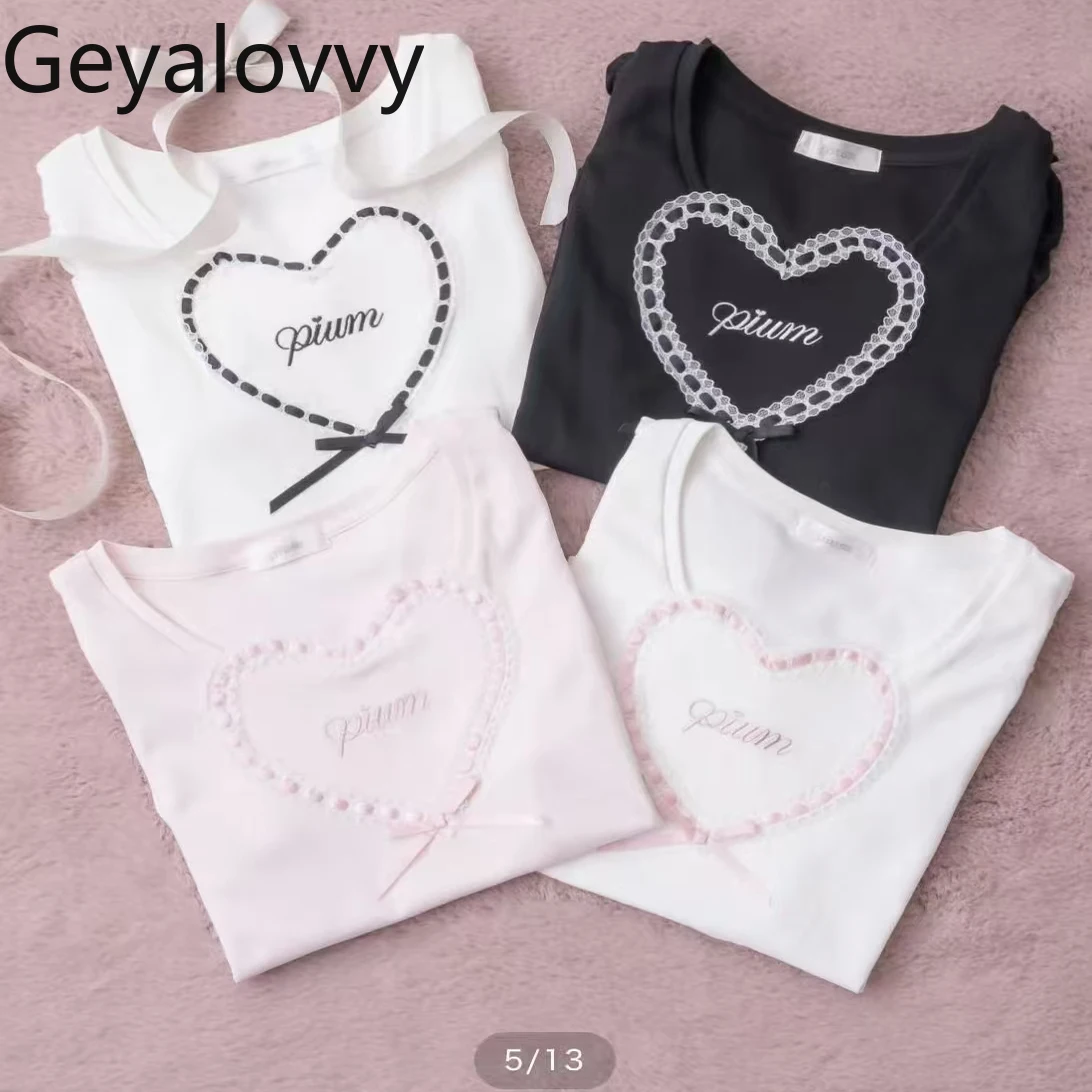 

Японский стиль, ручная работа, лента в форме сердца, милая удобная вязаная футболка с короткими рукавами, новый летний универсальный топ для милых девочек