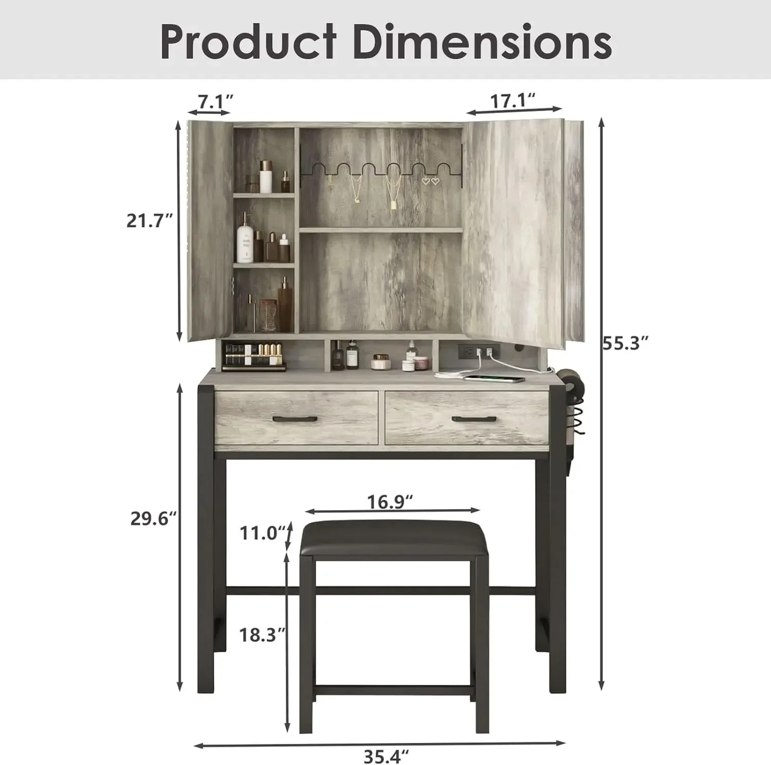 Vanity Desk with Lighted Mirror and Power Strip,Tri-Fold Mirror Makeup Vanity Table with Lights, Vanity Set with Hidden Shelves