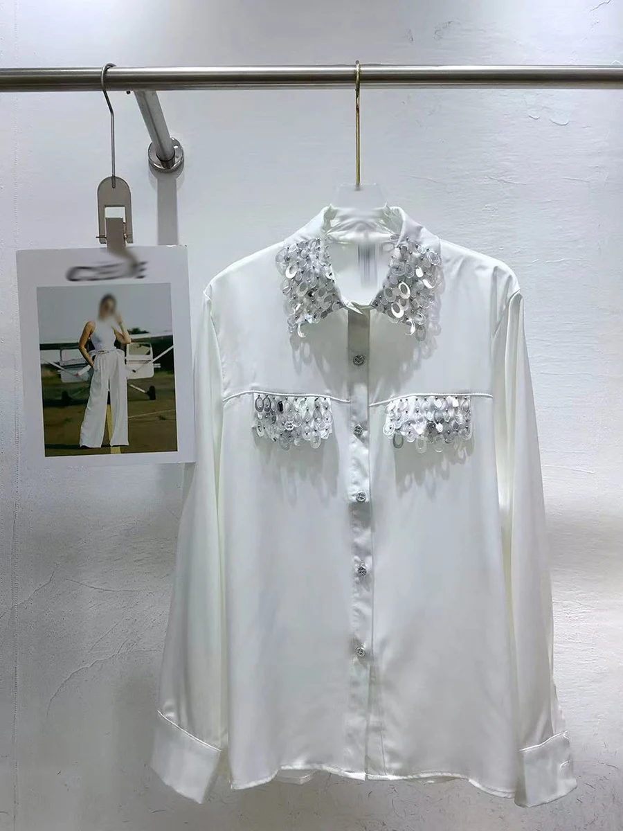 GALCAUR Effen Gesplitst Pailletten Chic Shirt Vrouwelijke Revers Lange Mouw Los Ontwerp Minimaist Dames Shirts Herfst Mode Stijl Nieuw