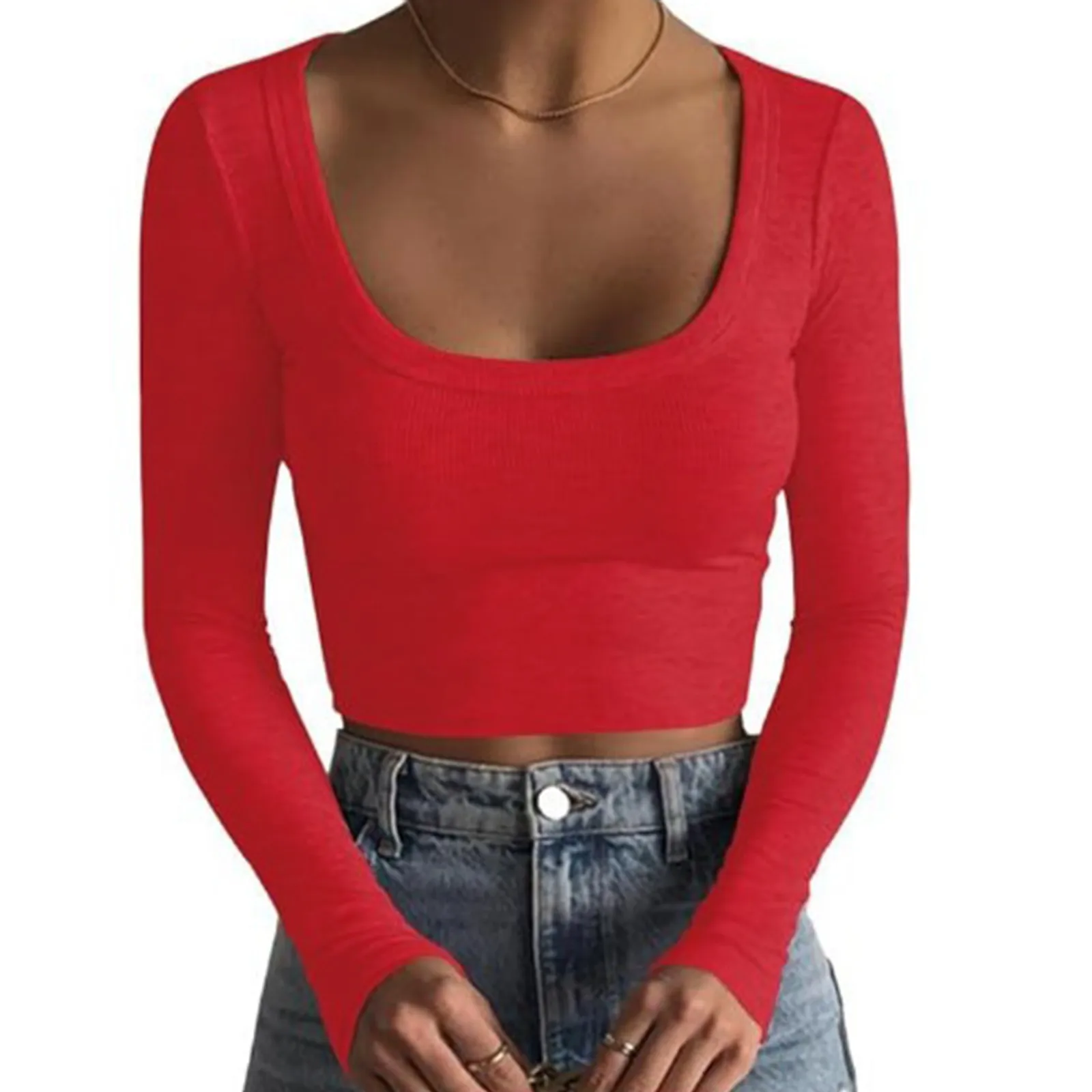 2024 Square Collar Long Sleeve Casual Women Undershirts Solid Color Autumn Skinny Sexy Solid Basic Crop Tops Fashion Underwear