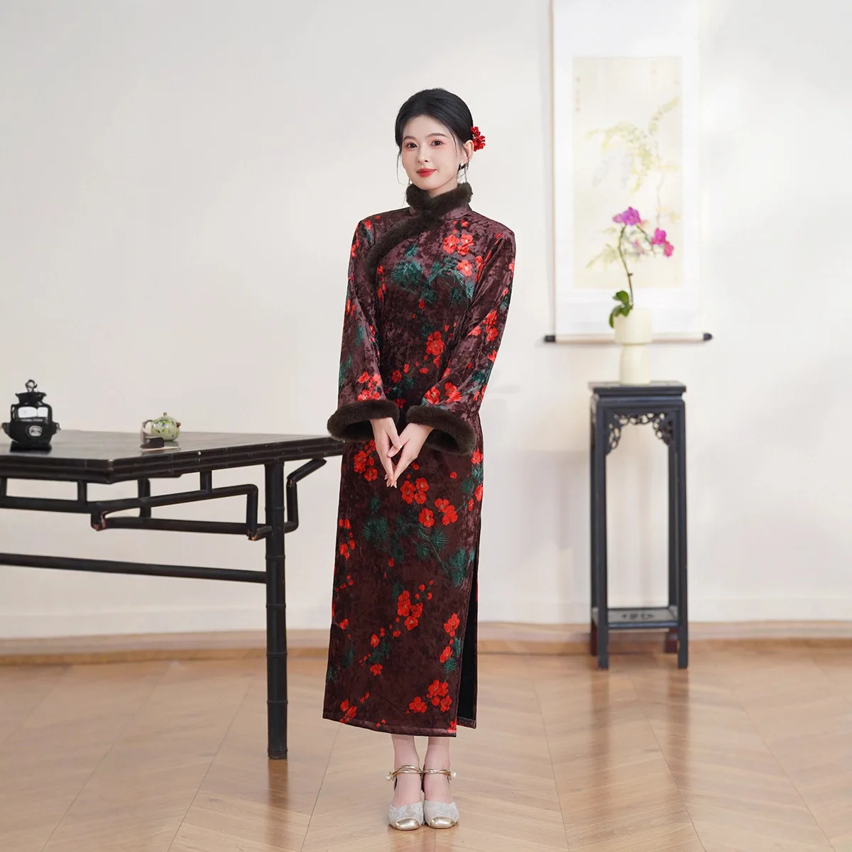 

Yourqipao Retro Chinese-style Long Fur Collar Long-sleeved Cheongsam 2025 Autumn and Winter Mother Qipao Prom Gowns