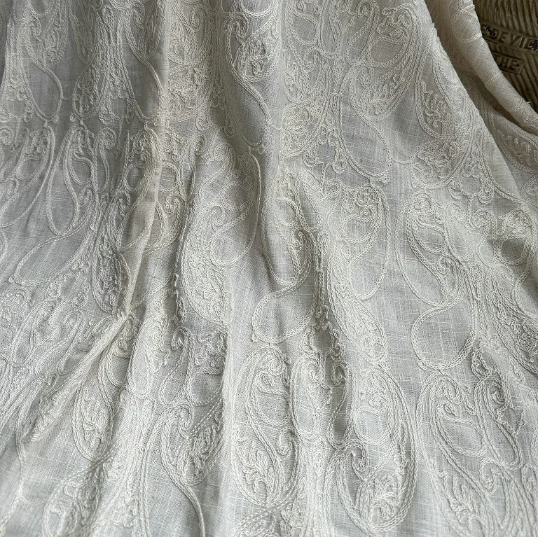 

Pure linen base fabric with cotton thread embroidery, chain stitch embroidery fabric for Clothing and designer fabrics DIY cloth