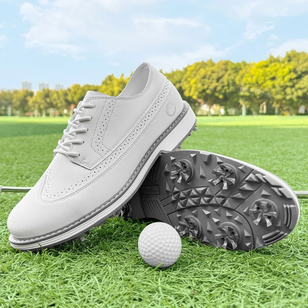

Professional Men Spiked Golf Shoes Premium Leather Upper Stable Grip Cleated Shoes Waterproof Wear-resistant Golf Training Shoes