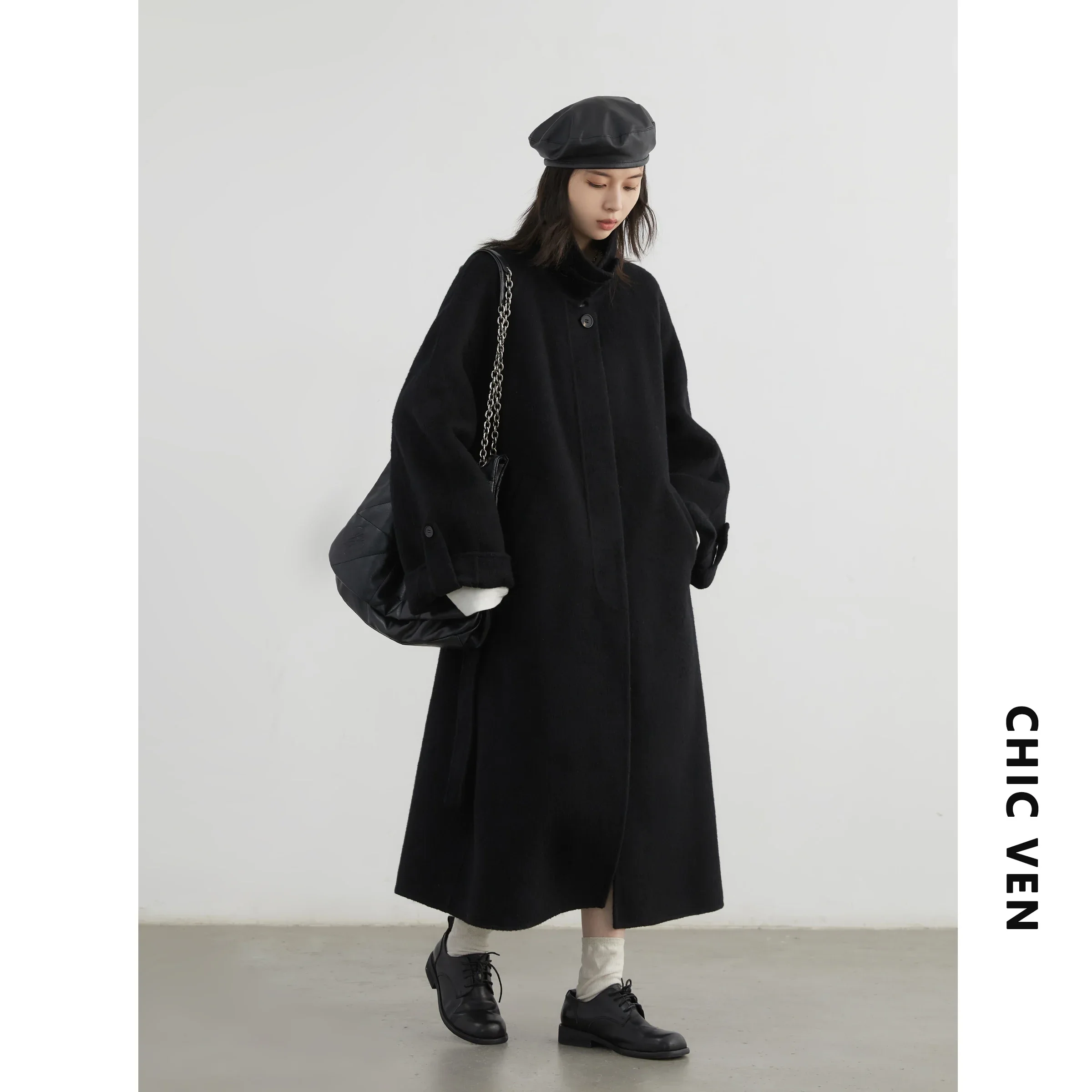 CHIC VEN Fashion Women Long Woolen Coat Solid Loose Casual Single Breasted Double-sided Ladies Overcoat Belt Autumn Winter 2024