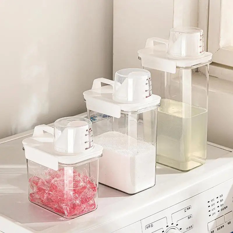 Laundry Powder Storage Bottle with Cup Measuring Laundry Liquid Box Grains Storage Jar Softener Supplement Replacement