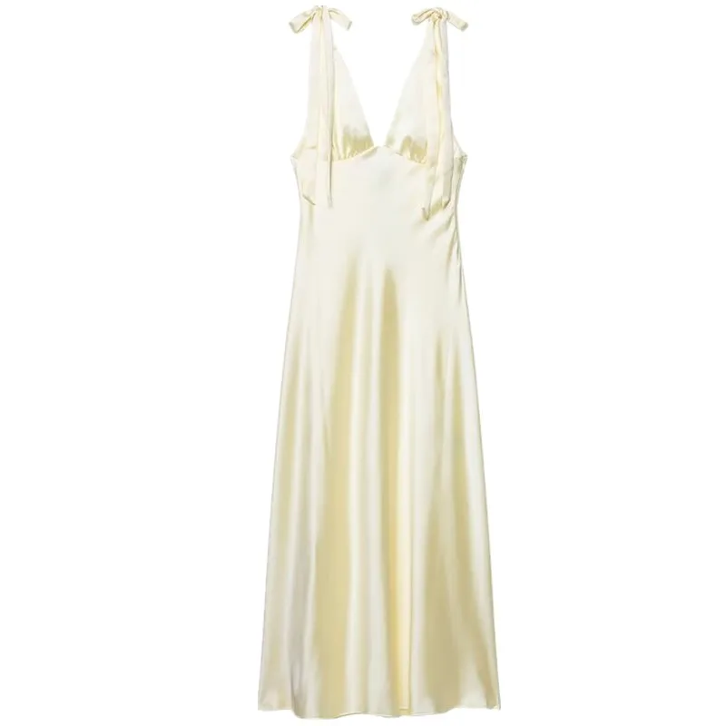 Zijde Satijn Lange Dr Dames Faion Knoop Versierd Nieuwe Collectie Herfst 2025, Ins Sle Strapl Jurk voor Dames