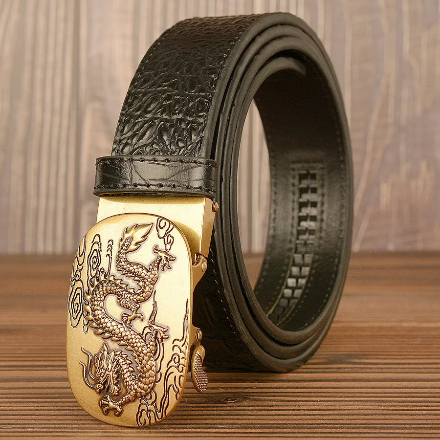 Fashionable and casual leather belt for men with crocodile pattern leather belt, flying dragon automatic buckle dragon belt