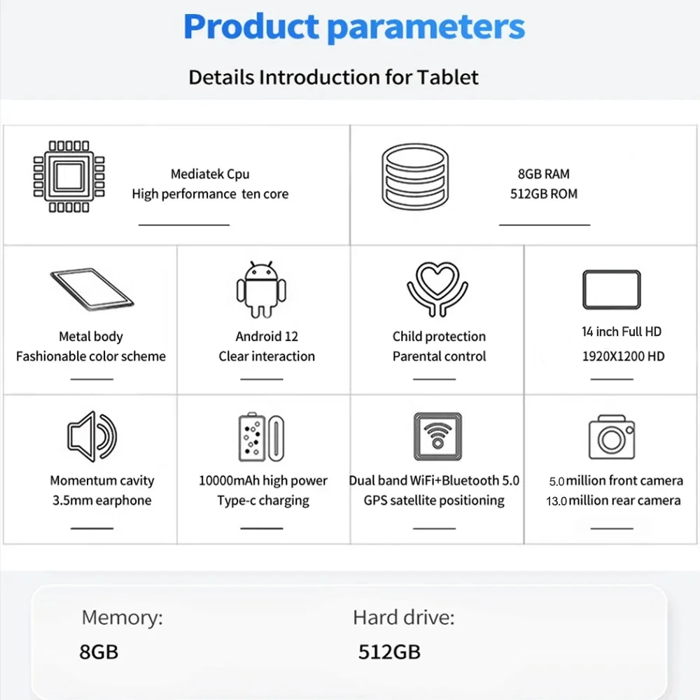 New 14 inch T ablet Android 12 8GB (4+4 expansion) RAM 512GB ROM 1920x1200IPS screen 10000mAh Battery,Dual Camera  5GWiFi