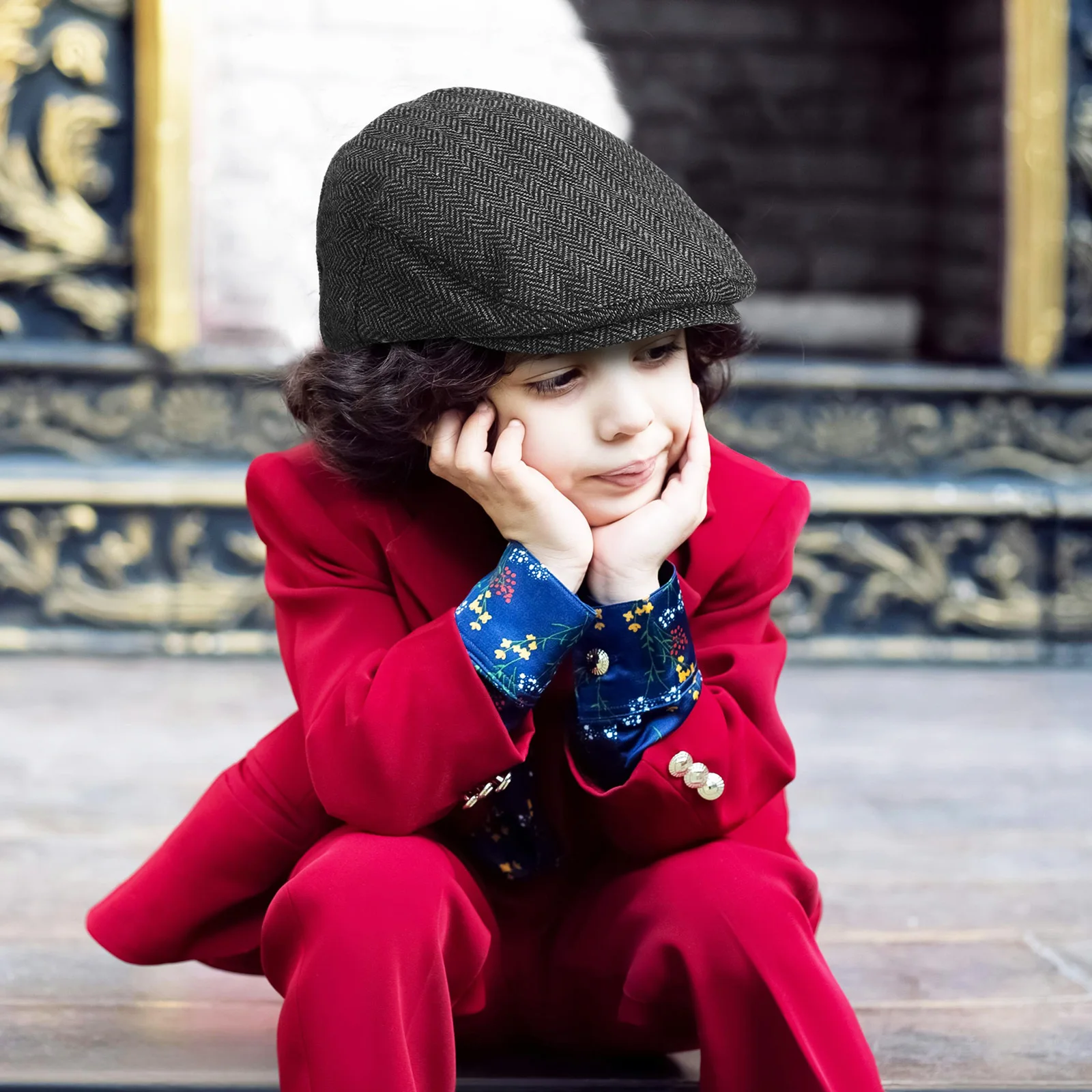 

Children Beret Boys Newsboy Cap Herringbone Flat Hat Vintage Style Kid Baker Cap Winter Outfit Accessory