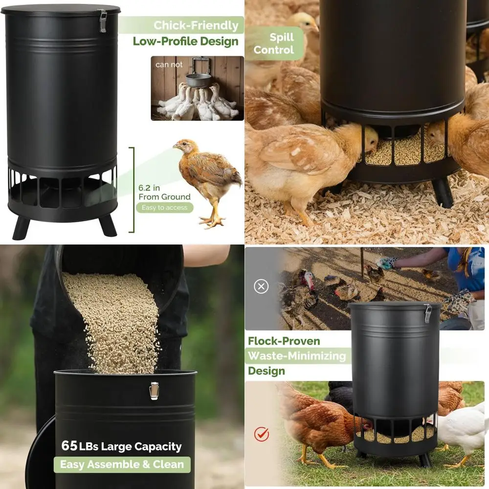 

Большая 16-портовая гравитационная кормушка для курицы — портативный, автоматический дозатор без отходов для кормления птицы в курятнике (черный)