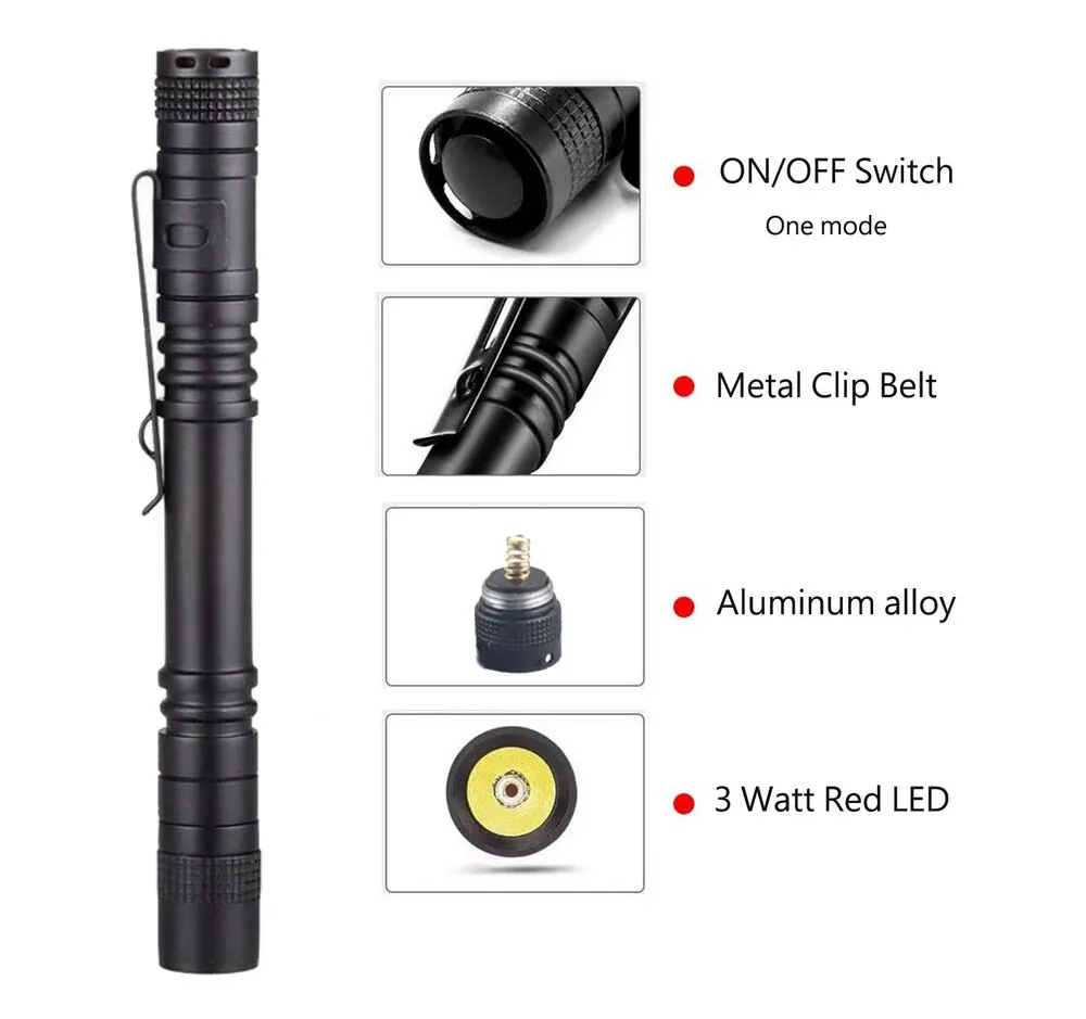 Red Light Penlight One Mode Red Light Flashlight for Camping Hiking Animal Protecting Beekeeping Detecting Aviation Night Vision