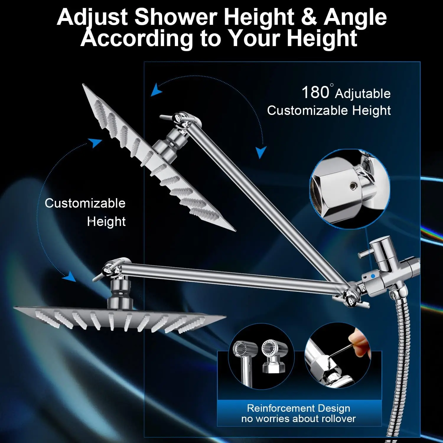 Modern 12" Square Rain Showerhead with 5 Modes Handheld Combo, Adjustable Arm, Easy Installation