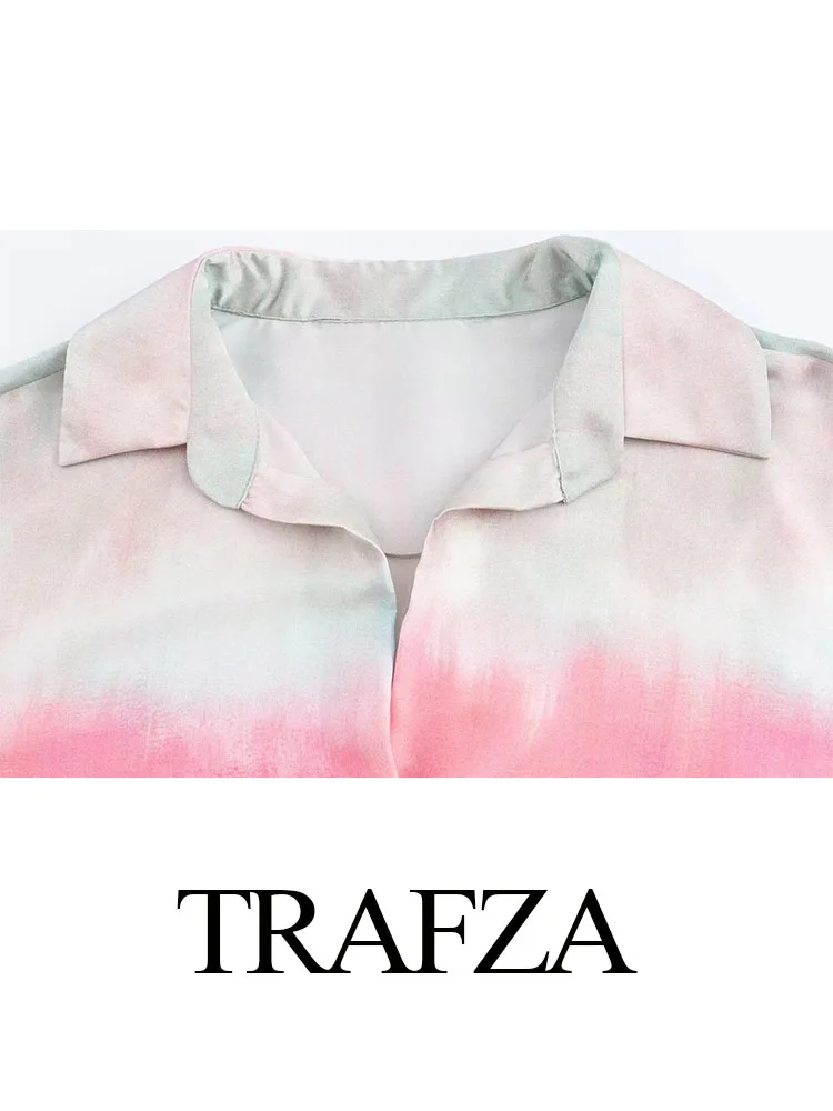 TRAFZA Women's Summer Gradient Casual Shirts Tie Dye Turn-Down Collar Long Sleeves Single Breasted Women Fashion Blouse 2 Color