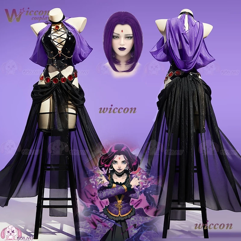 女性フード付き-pu-レザーティーンレイブンタイタンズコスプレ衣装同人紫ダンサードレス魔女夜の宴会ハロウィン衣装ウィッグ