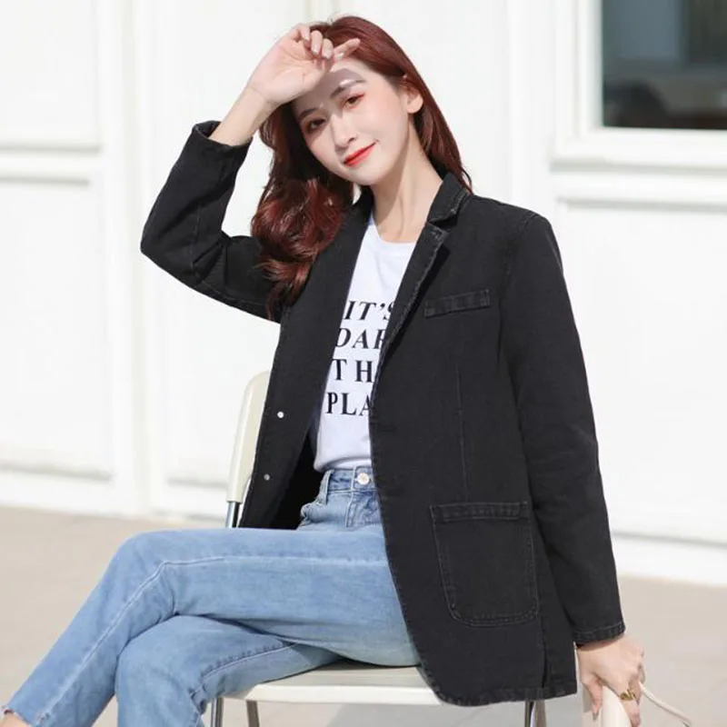 Vintage Suit Women Jeans Jacket Casual Tops Loose Short Denim Blazer Outwear Female Cowboy Basic Coat New 2023 Spring Autumn